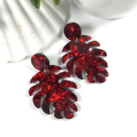 Acrylic Resin Leaf Dangle Drop Earrings (Dk.) - Picture 4 of 5